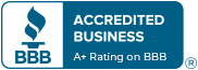 BBB Accredited Business logo with blue torch icon, text Accredited Business, and A+ Rating on BBB in a blue rectangle.