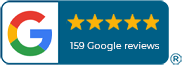 Google rating icon showing 5 gold stars above the text 159 Google reviews on a blue background.