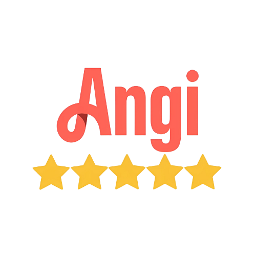 The image shows the word Angi in red text above five yellow stars, representing a five star rating. The background is plain white.