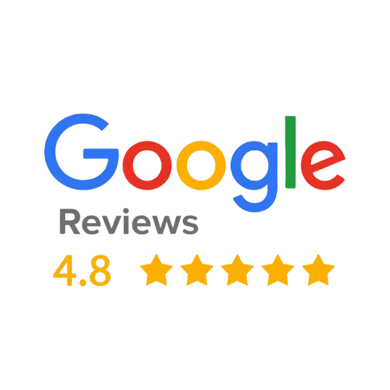 Google Reviews logo with a 4.8 star rating. Five golden stars are displayed below the word Reviews.