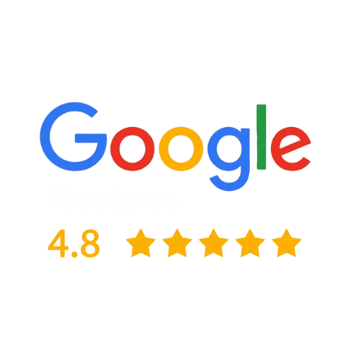 Google Reviews graphic showing the Google logo, the word Reviews, and a 4.8 out of 5 rating with five yellow stars.