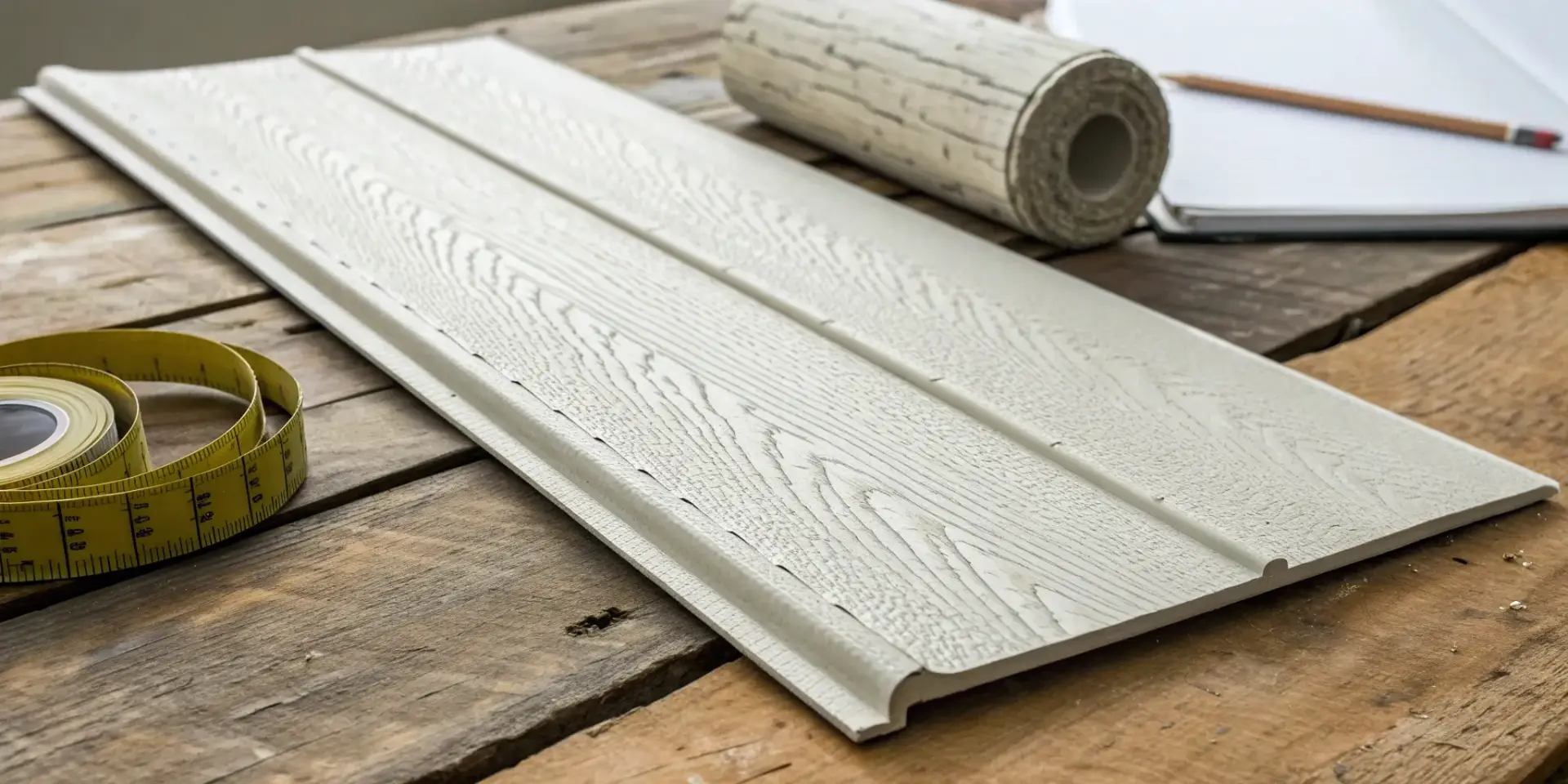 Calculating the vinyl siding cost per square foot with a sample panel and measuring tape.