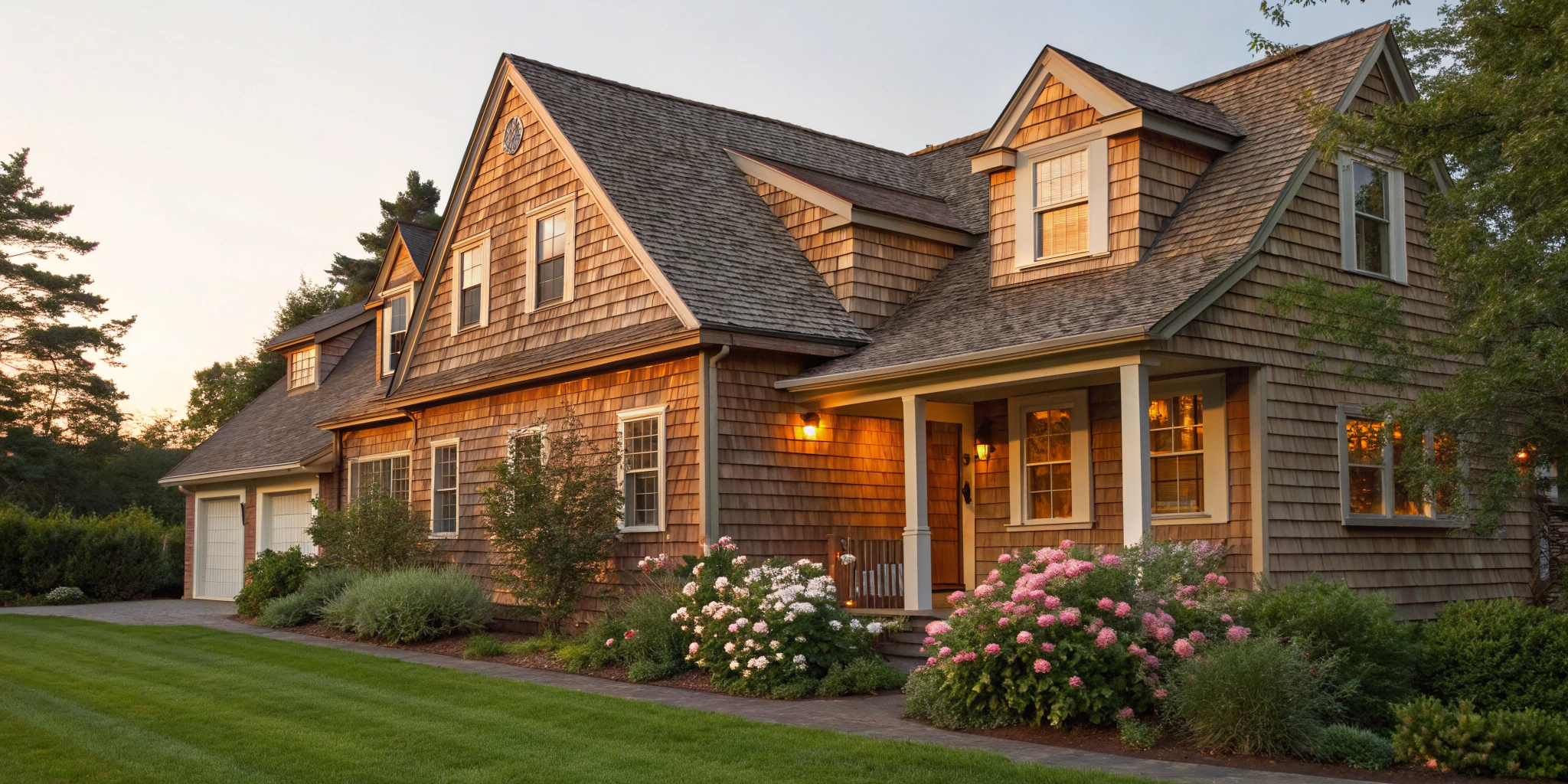 Cedar shake siding on a charming home with an inviting front porch at sunset.