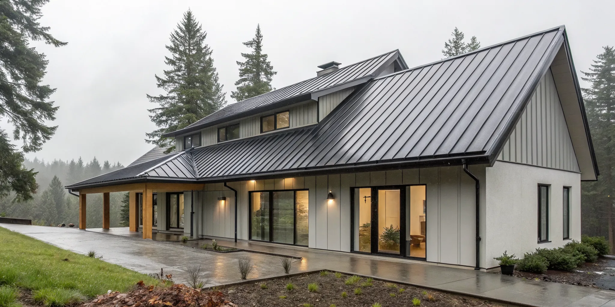 A modern home enjoying the benefits of a metal roof in the rainy Pacific Northwest.