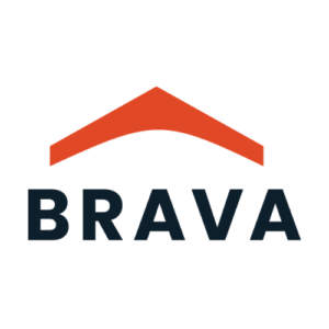 The image shows the word BRAVA in bold black letters beneath a red, upward pointing chevron shape resembling a roof, all on a light gray background.
