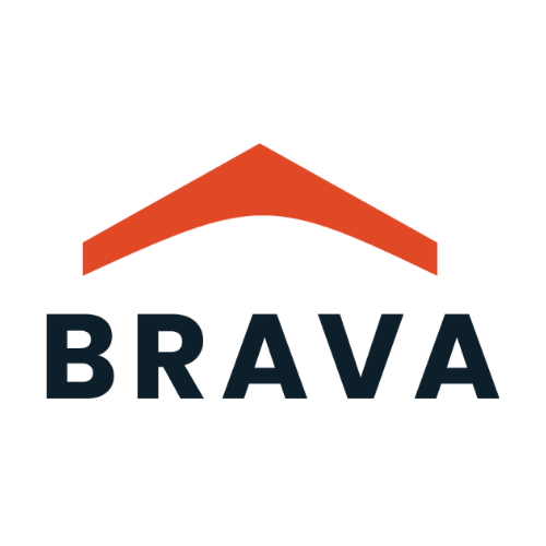 The image shows the word BRAVA in bold black letters beneath a red, upward pointing chevron shape resembling a roof, all on a light gray background.