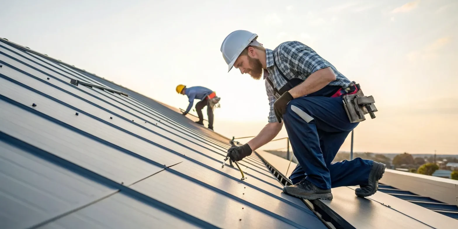 Contractors performing a professional metal roof installation on a standing seam roof.