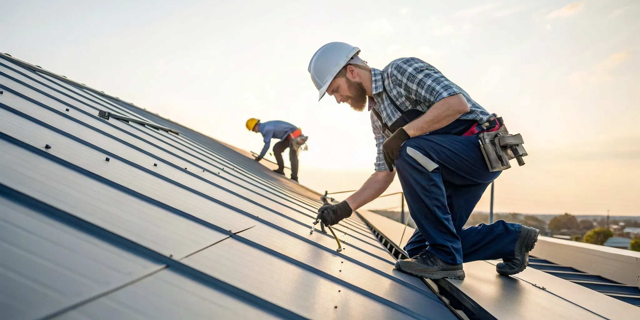 Contractors performing a professional metal roof installation on a standing seam roof.