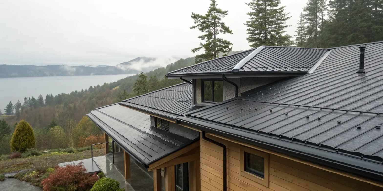 Seamless gutters on a modern home overlooking the Puget Sound.