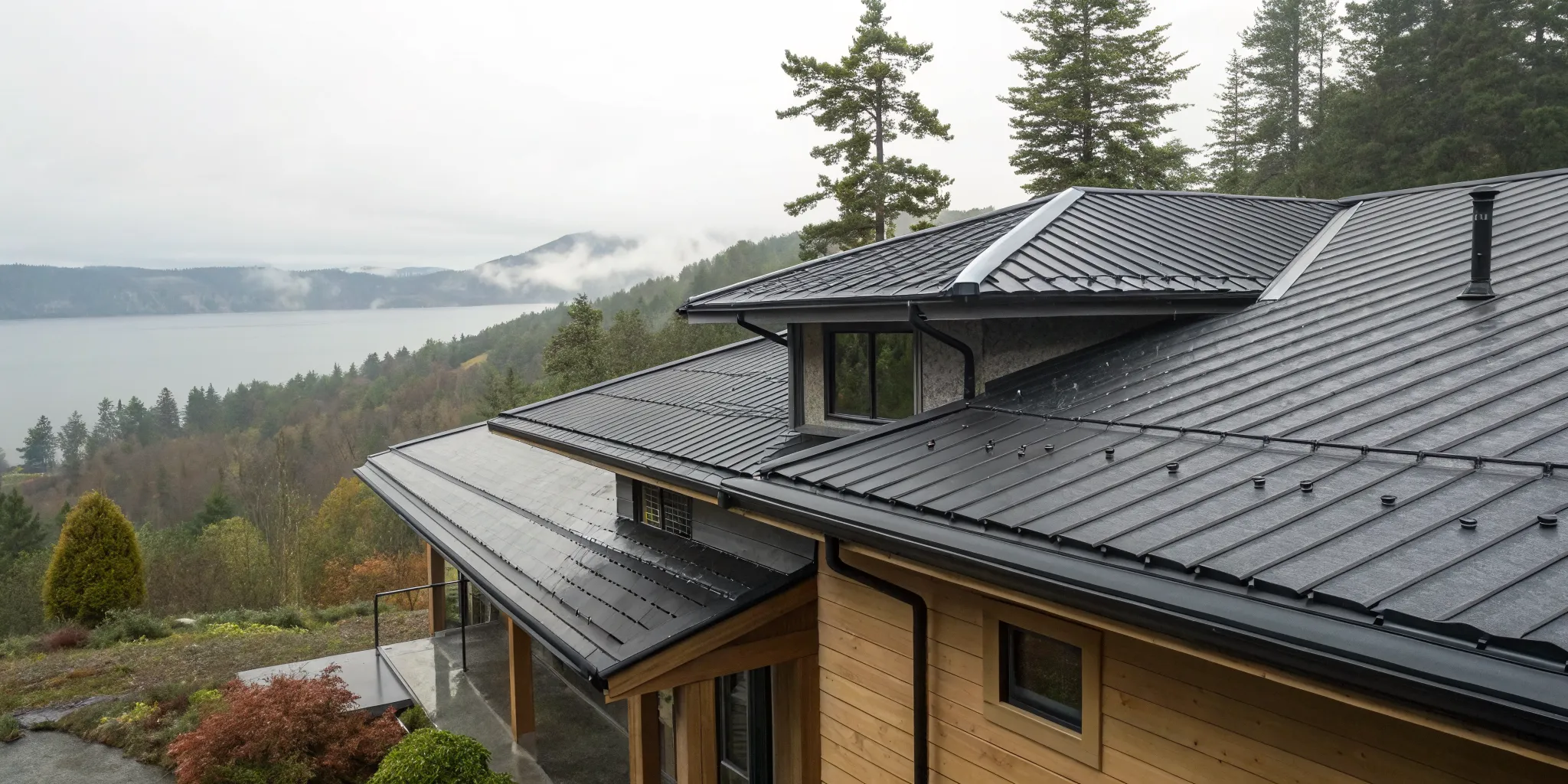 Seamless gutters on a modern home overlooking the Puget Sound.