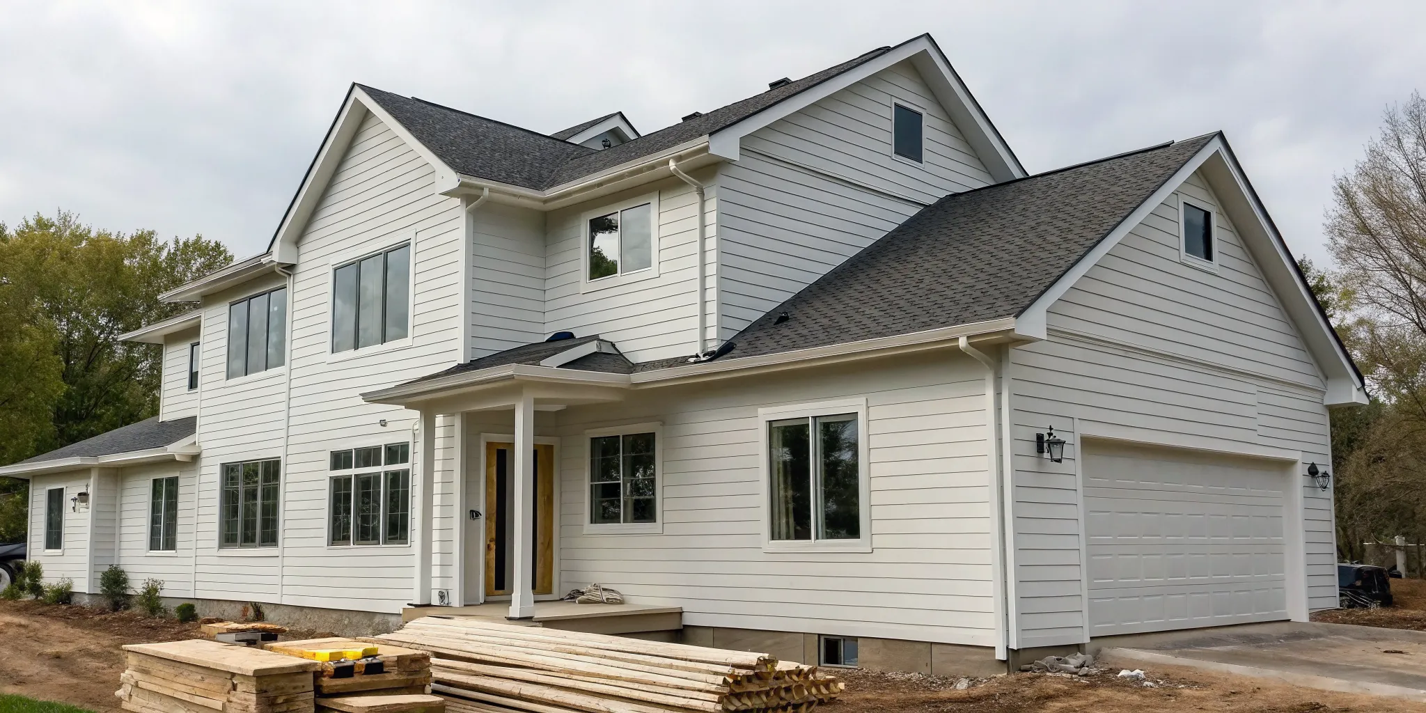 Calculating the average cost to re-side a modern house with new white siding.