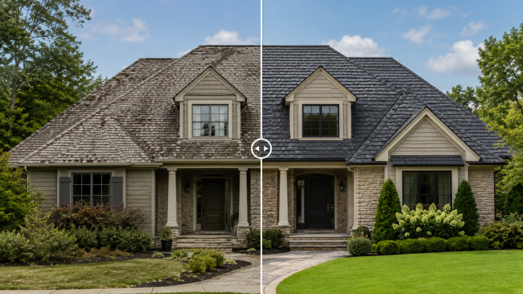 split image of before and after of a home's exterior with new roof and siding