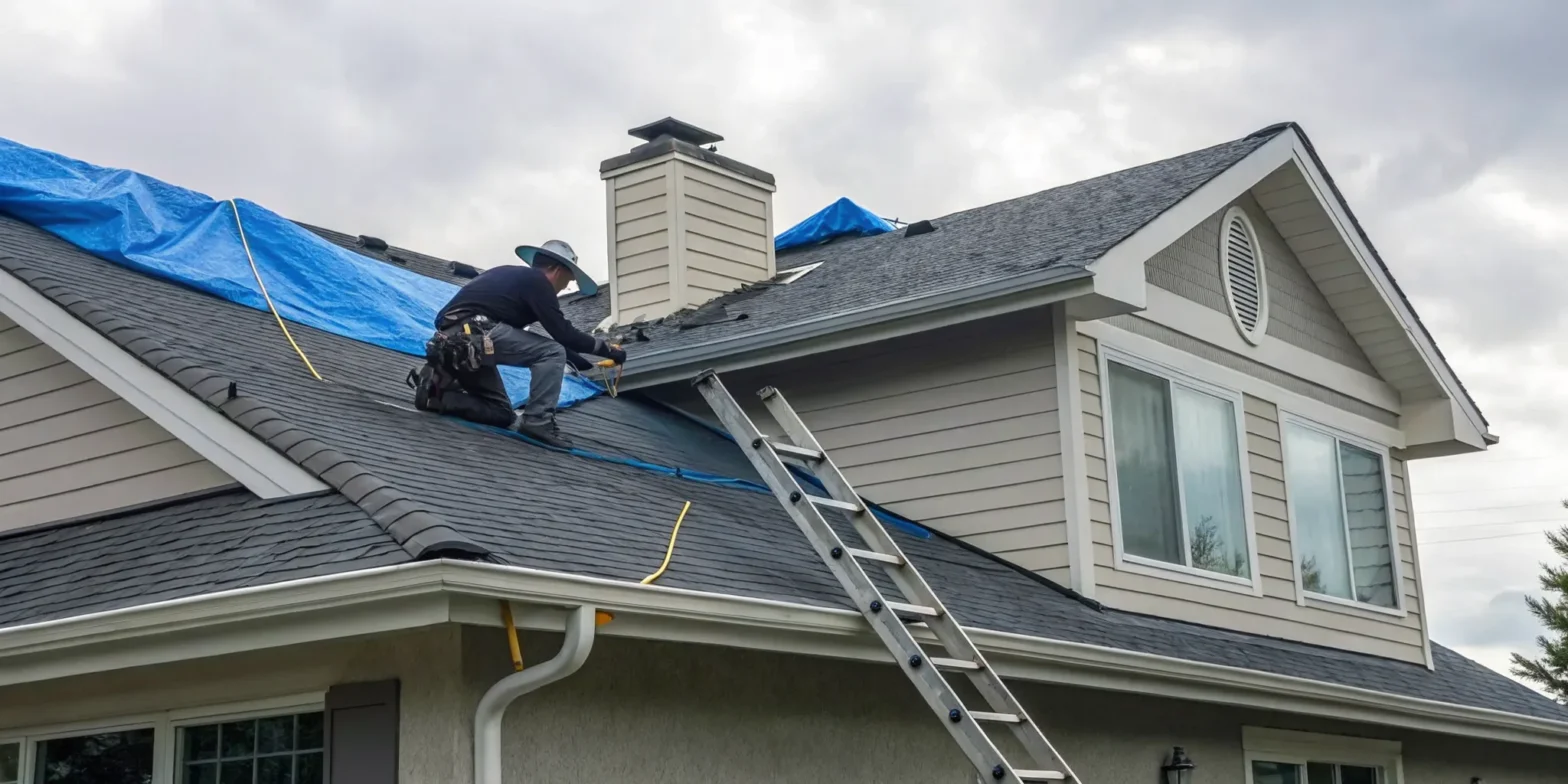 A roofer making the best emergency roof leak repair on a home.