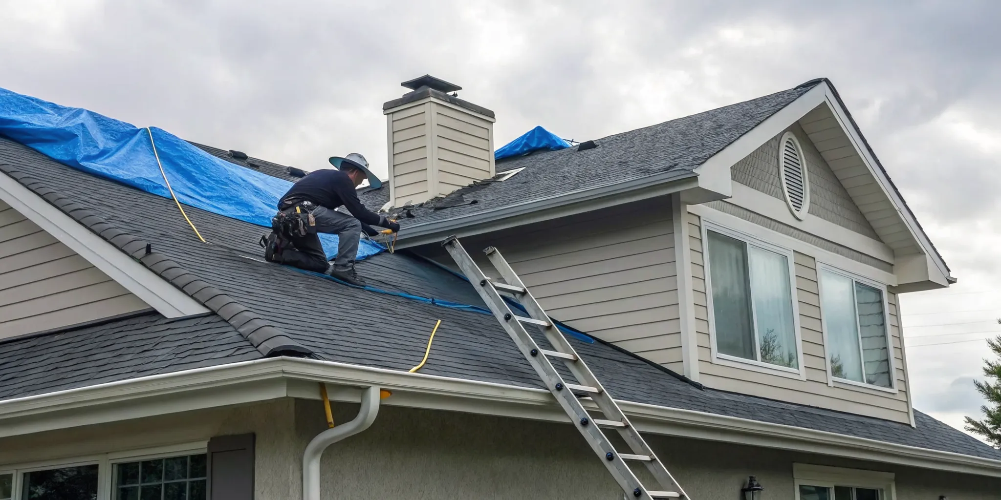 A roofer making the best emergency roof leak repair on a home.