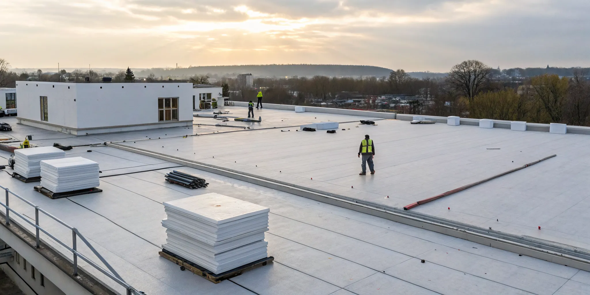 Commercial roof construction in progress as workers install insulation panels.