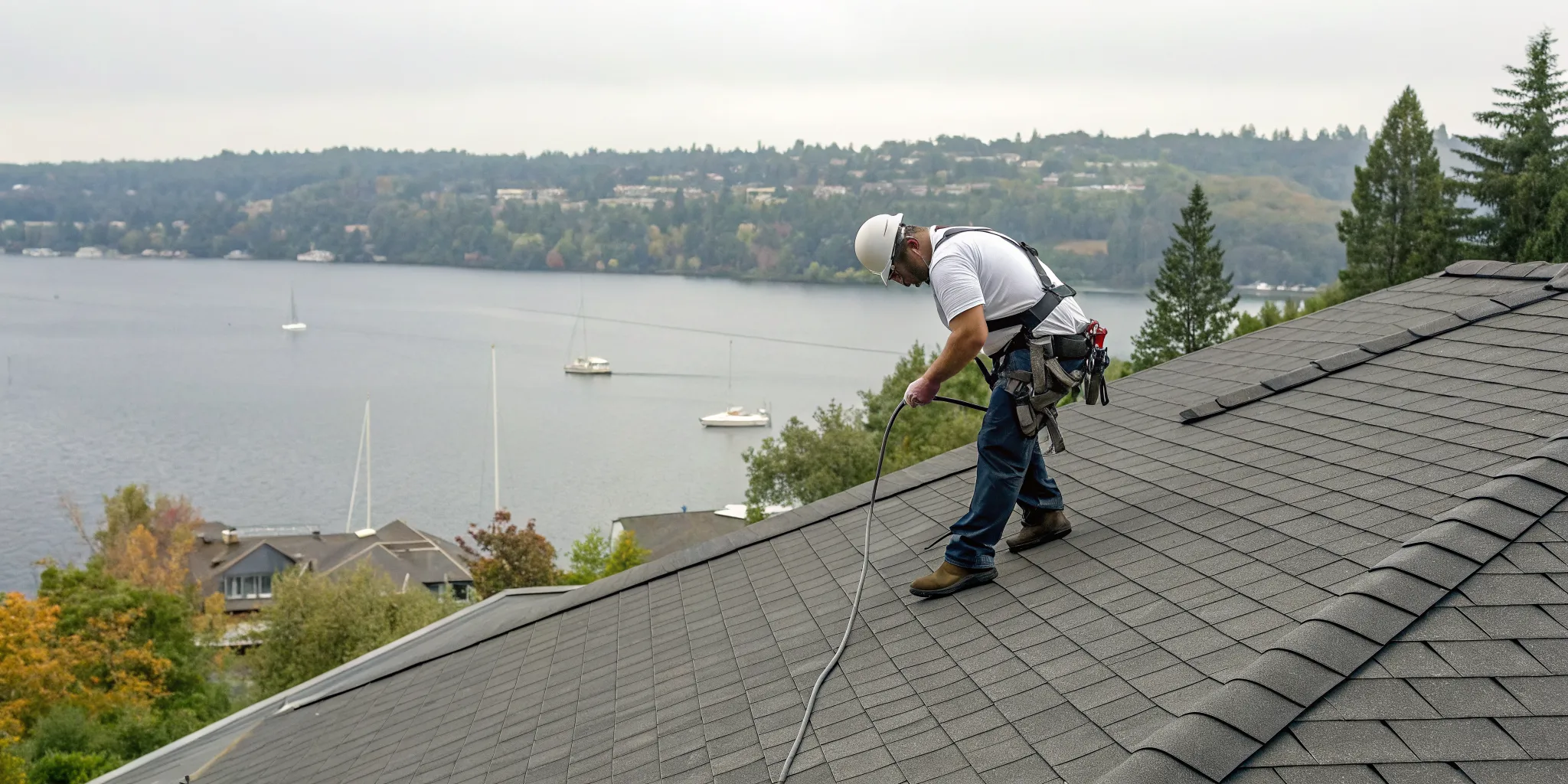 A Kirkland, WA roofing company installing a new asphalt shingle roof.