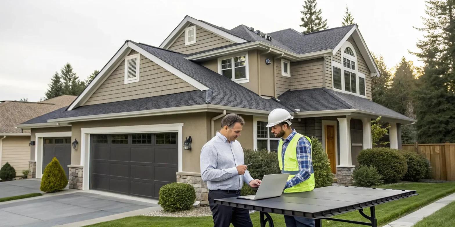 A contractor from a Redmond roofing company provides a roof estimate to a homeowner.