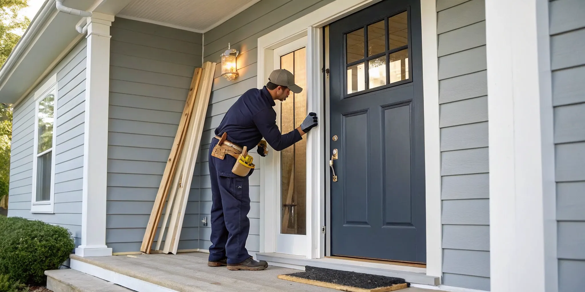 A contractor installs an exterior door, a key part of the labor cost to remove and replace the frame.