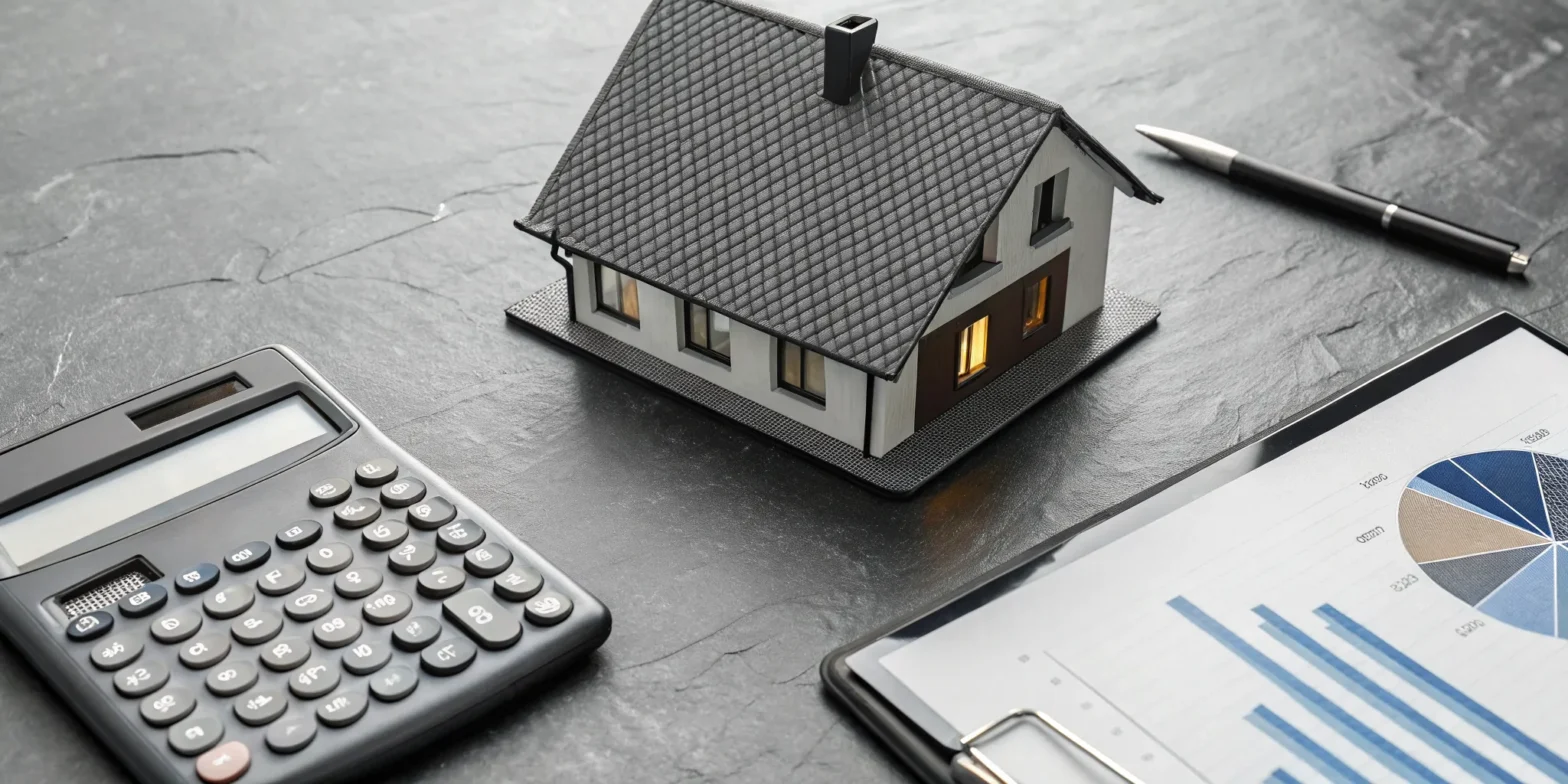 A calculator and house model on a desk to determine roof inspection cost.