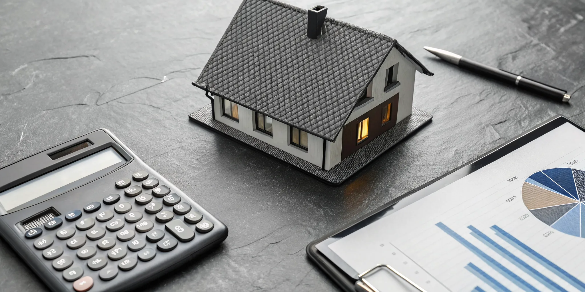 A calculator and house model on a desk to determine roof inspection cost.