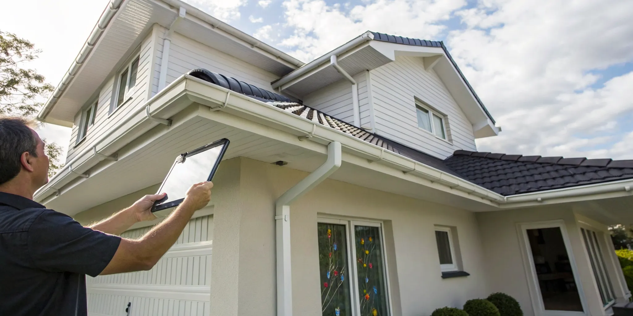 A contractor inspects a home to determine the cost of seamless gutters.