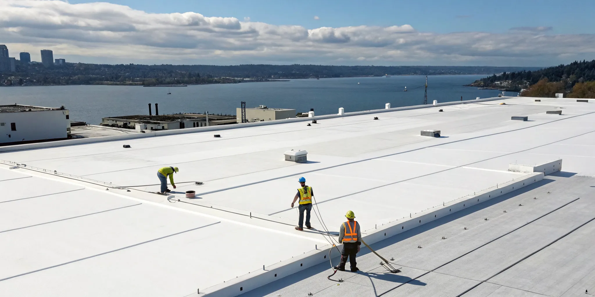 Best commercial roofers in Puget Sound working on a large flat roof.