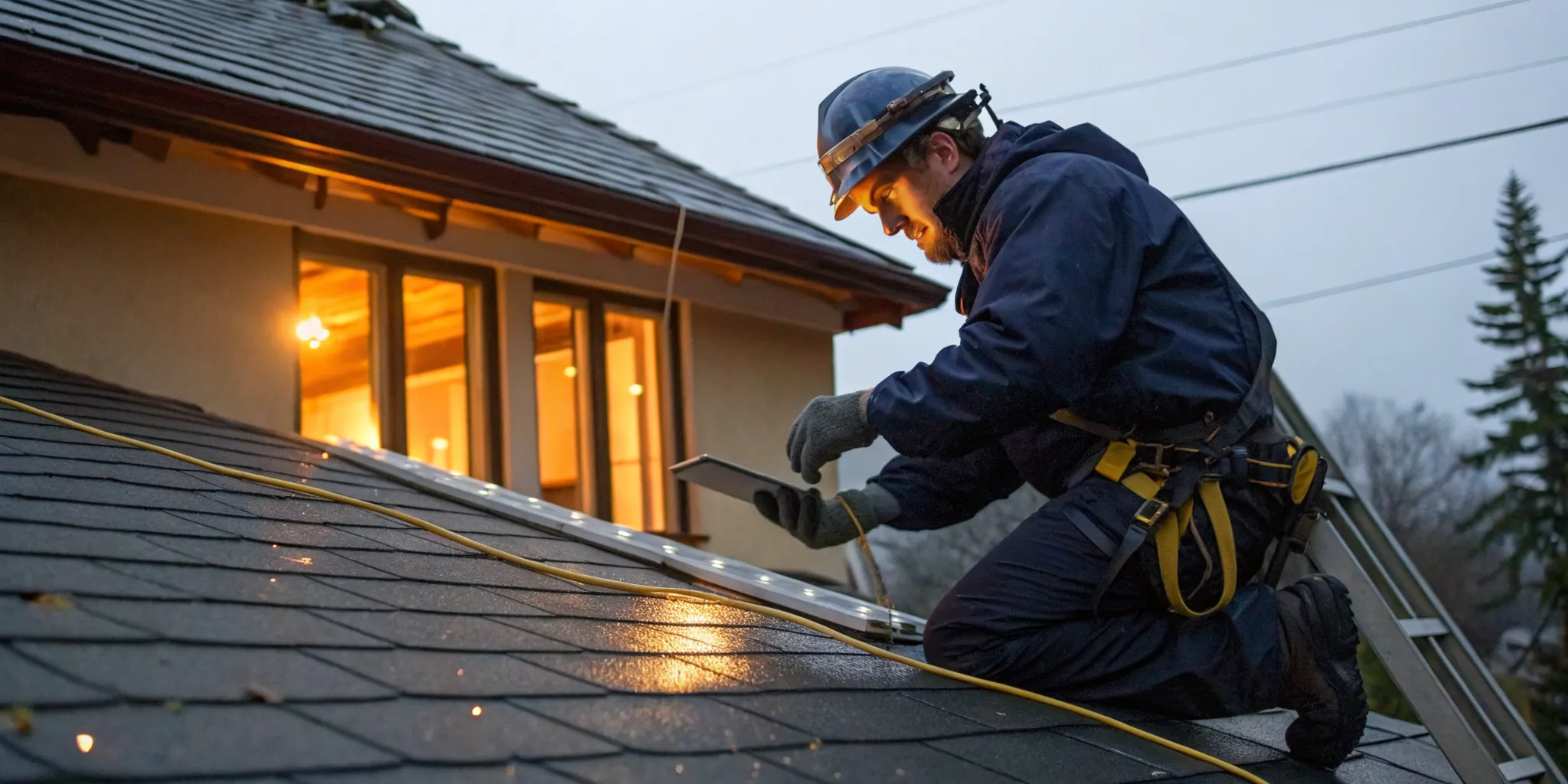 A roofer making an emergency storm damage roof repair.