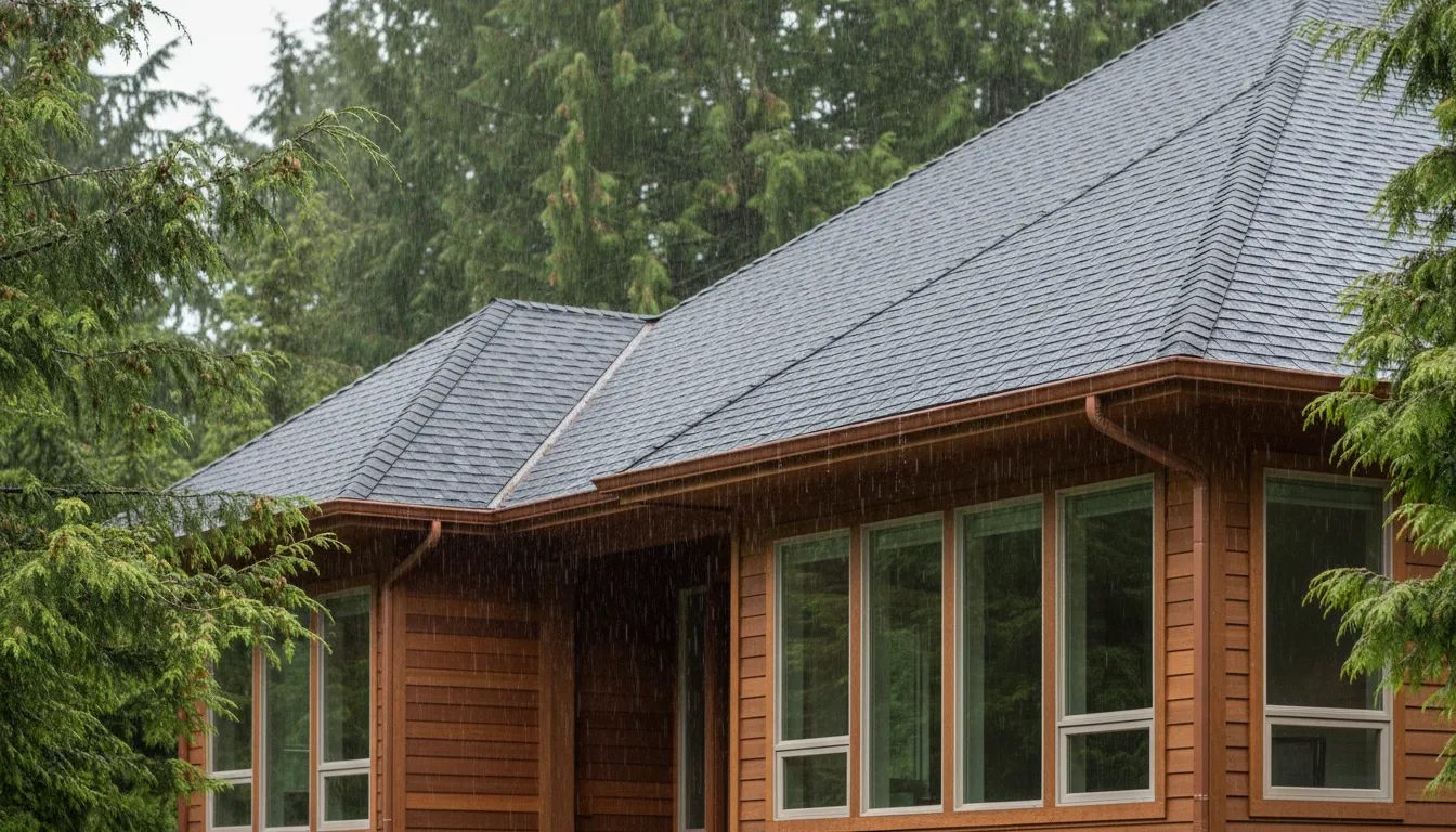 Rain falling on a durable roof in Washington