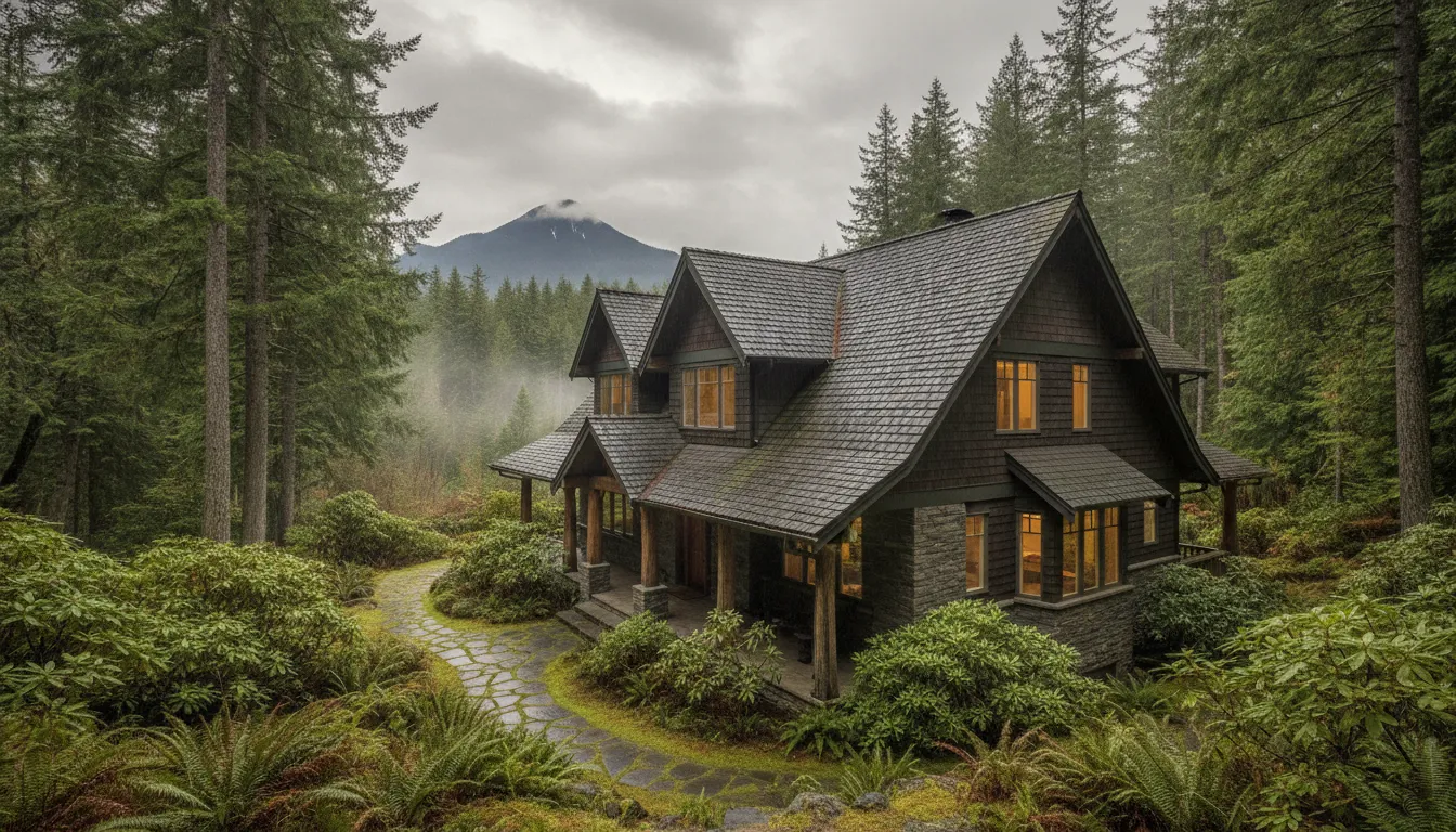 Pacific Northwest home with an architectural asphalt shingle roof among evergreen trees