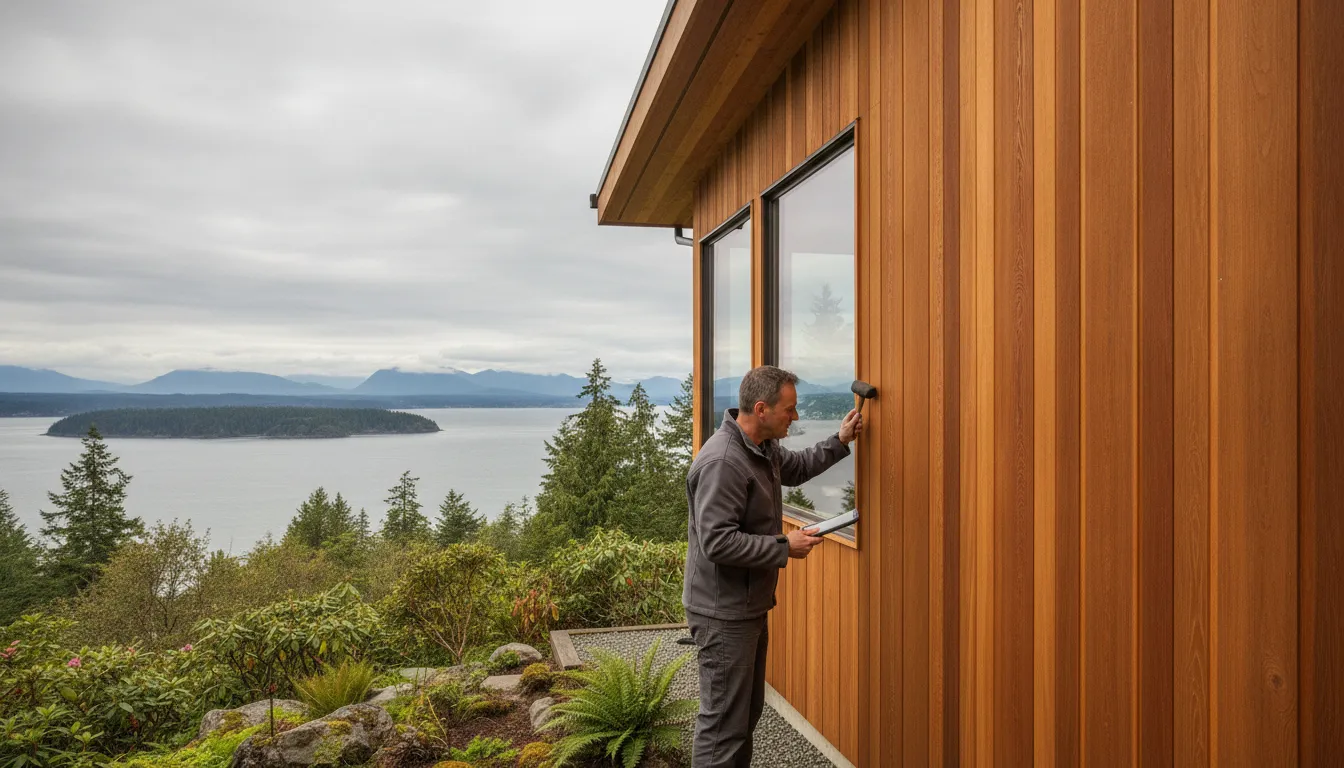 Professional inspecting cedar siding on a Puget Sound home