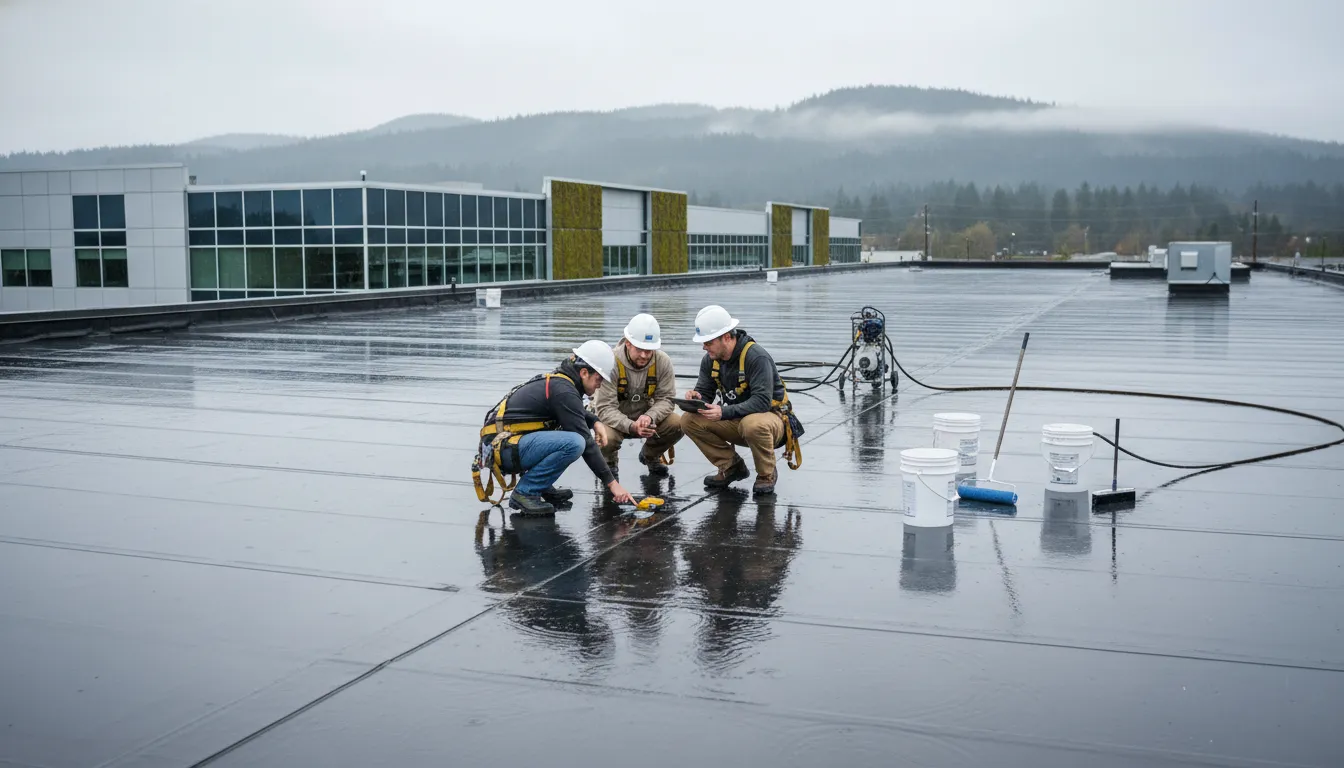 Commercial roof restoration inspection on a flat Washington roof
