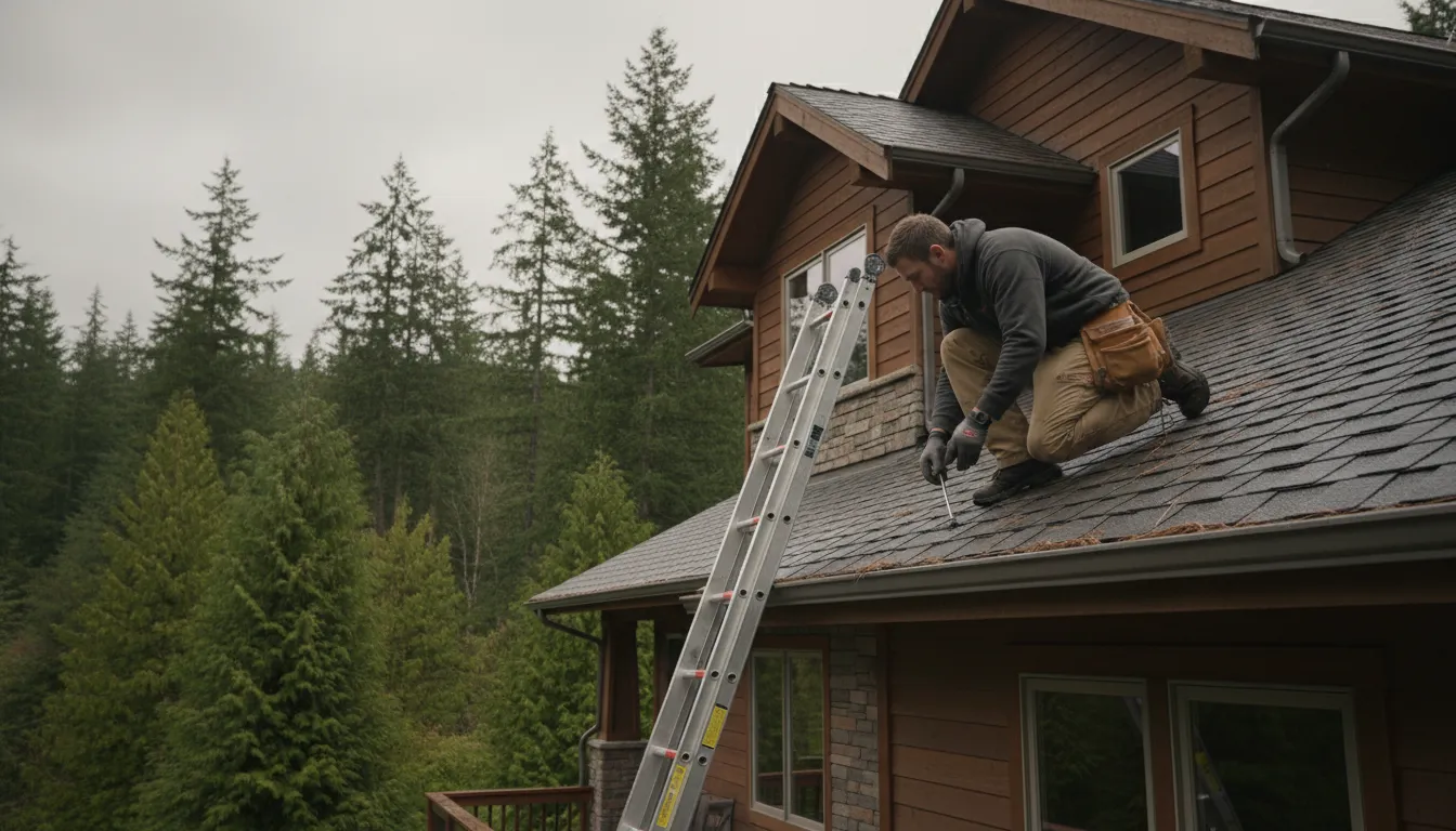 Roofing contractor inspecting asphalt shingles on a Puget Sound home