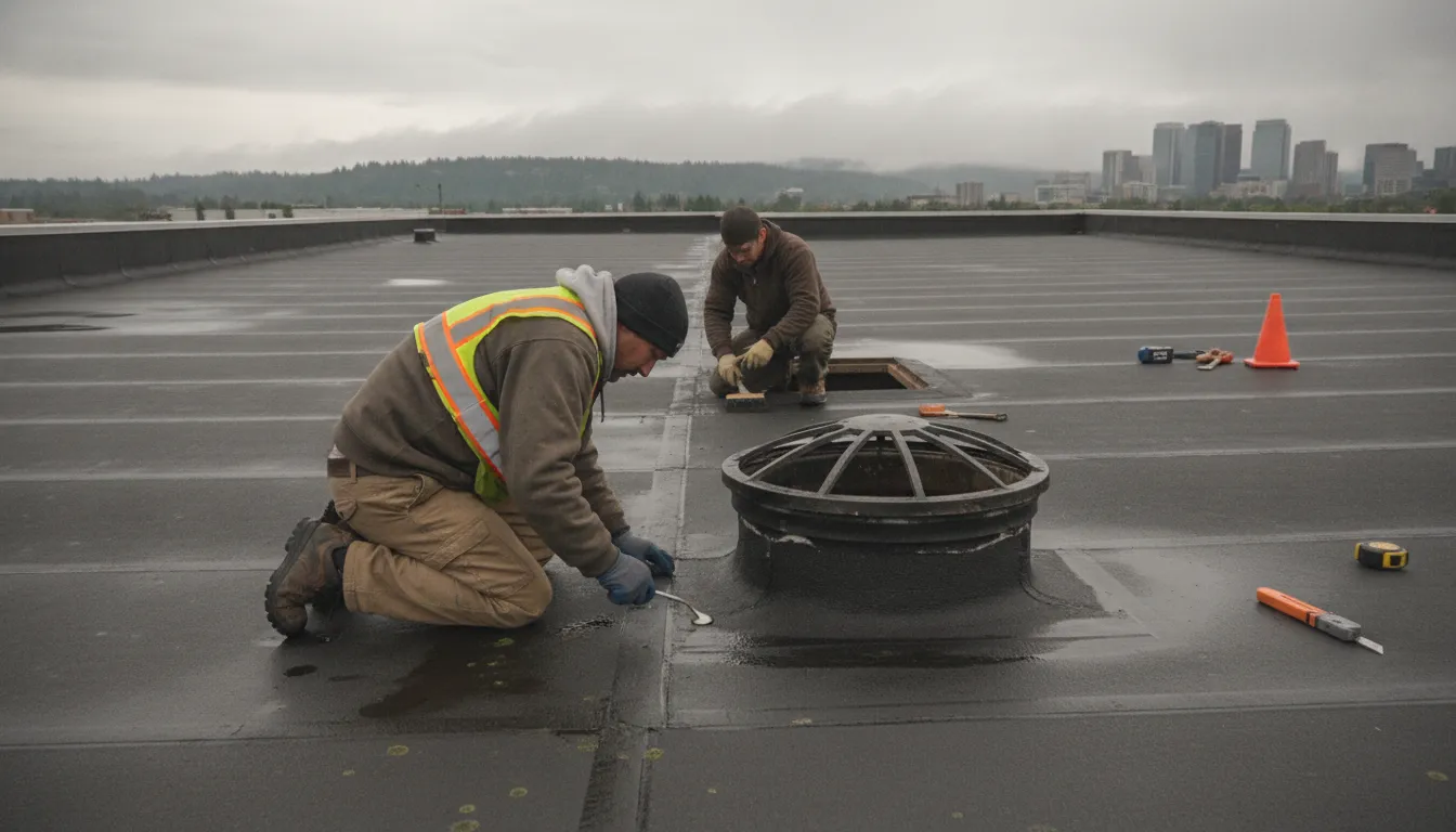 Flat roof repair companies inspecting a commercial roof in Washington