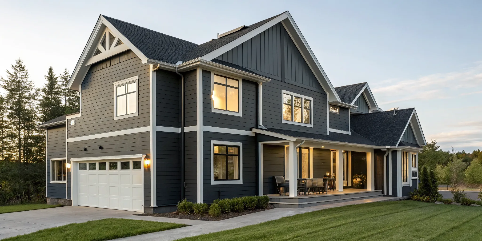 Modern home with dark Hardie siding for a siding cost calculator.