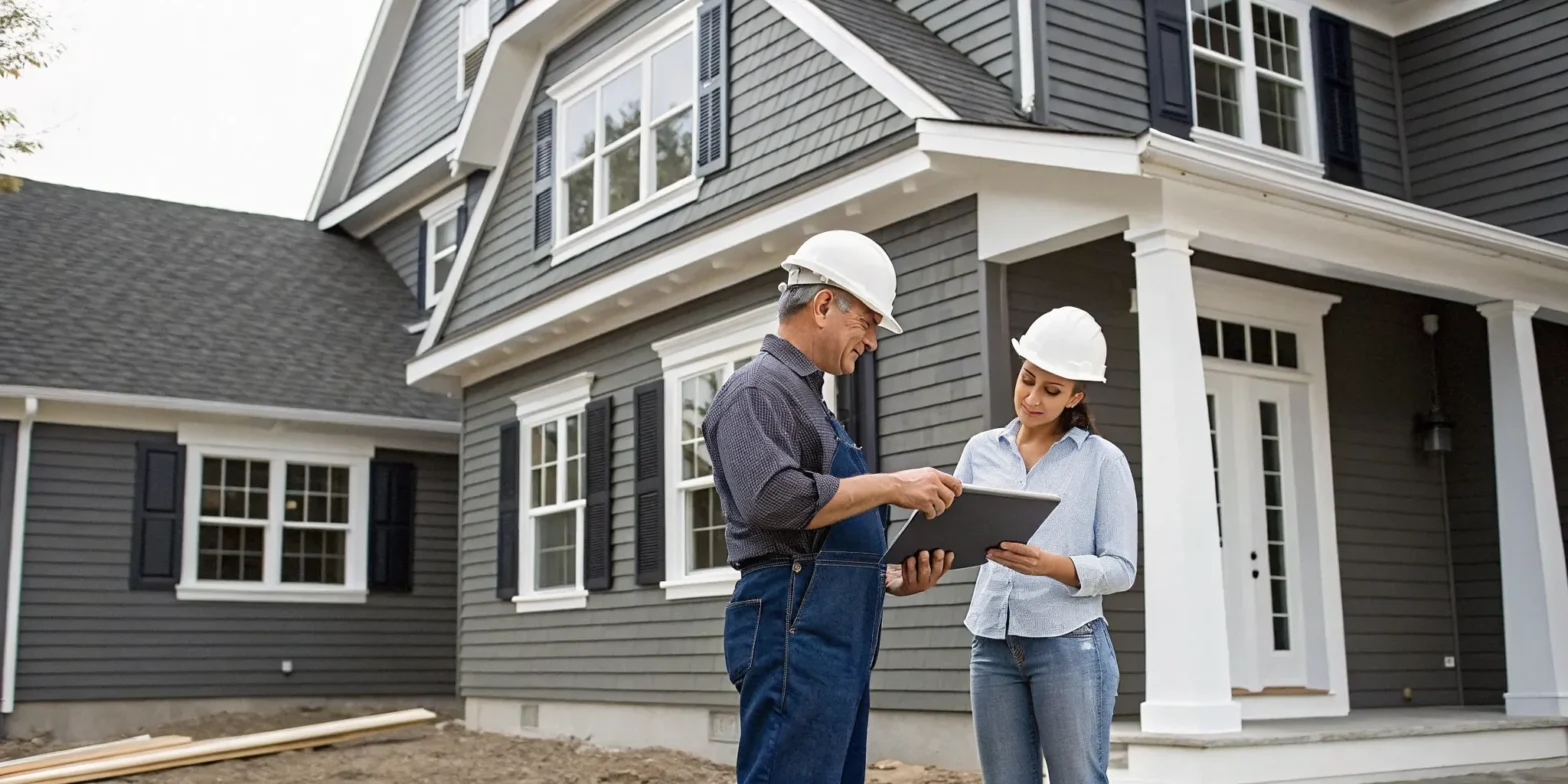 James Hardie siding contractors planning a project on a home with gray HardiePlank siding.