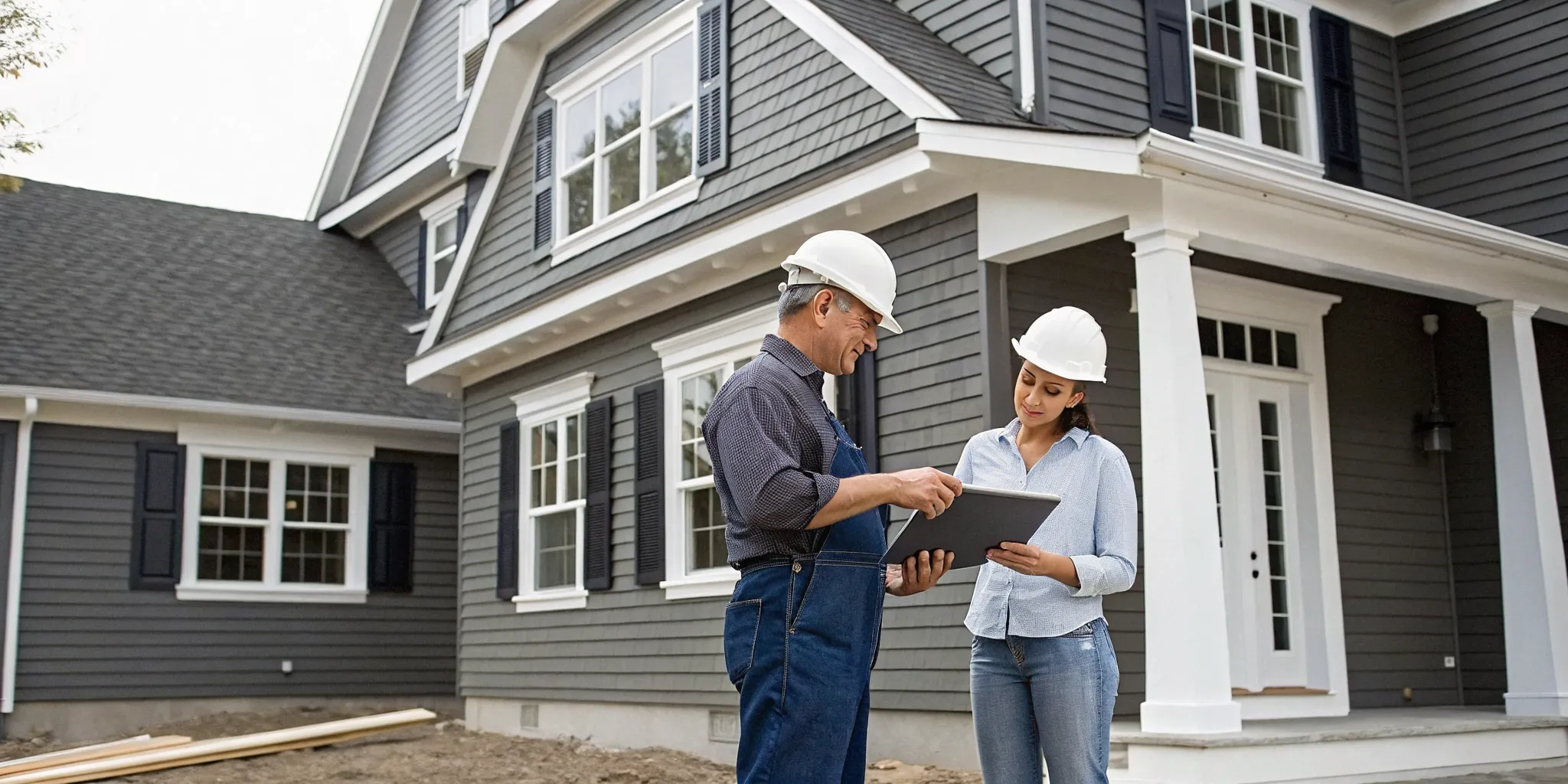 James Hardie siding contractors planning a project on a home with gray HardiePlank siding.