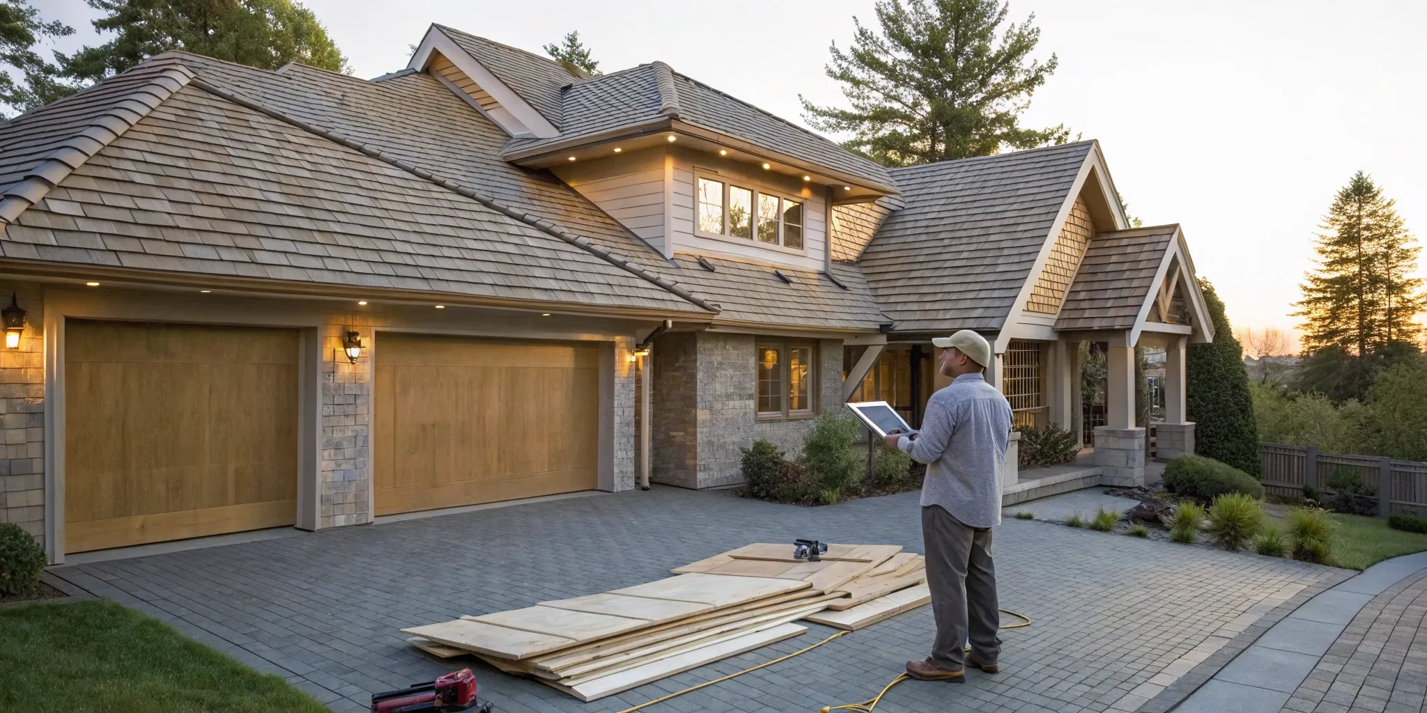 Contractor from a cedar shake roof replacement company inspects a home.