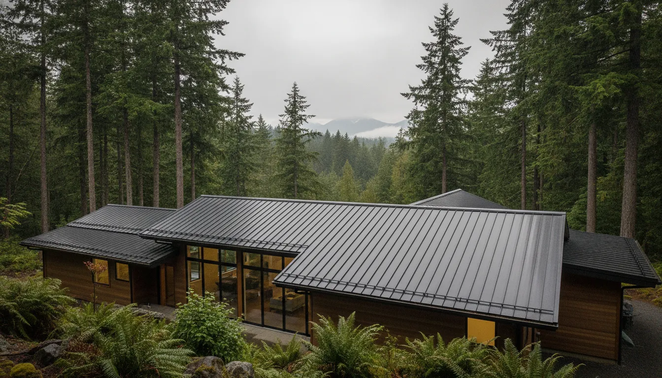 Dark standing seam metal roof on a Washington home
