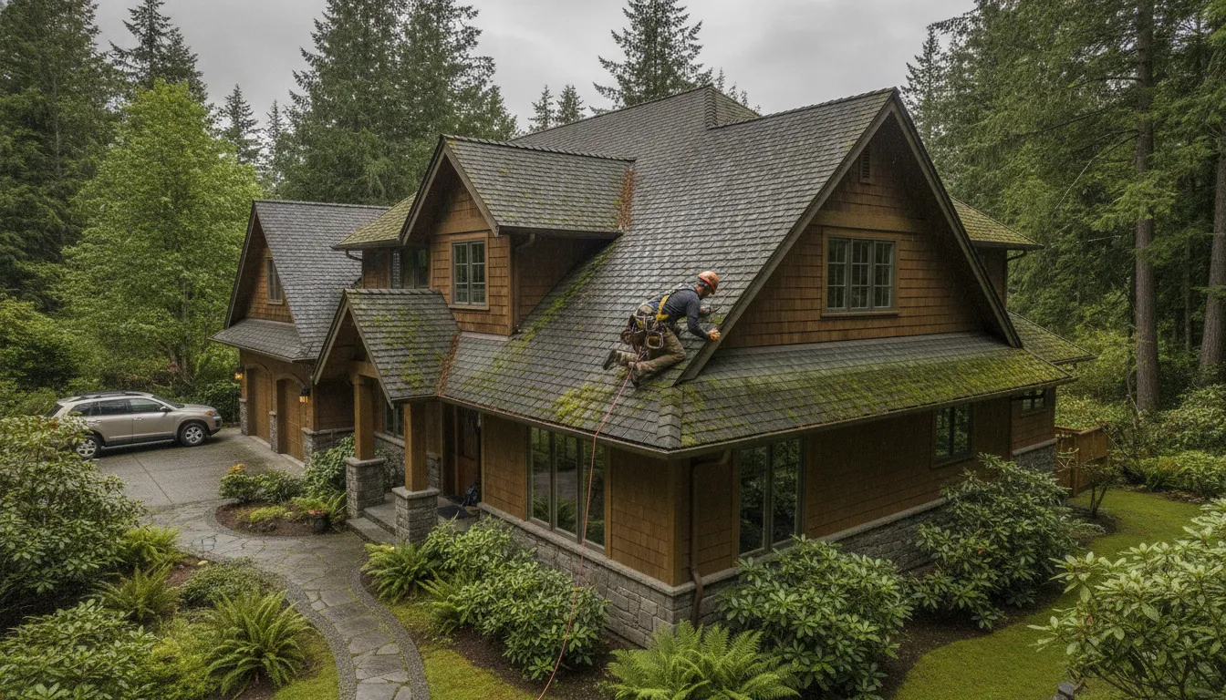Roofing professional inspecting moss on a Seattle-area roof