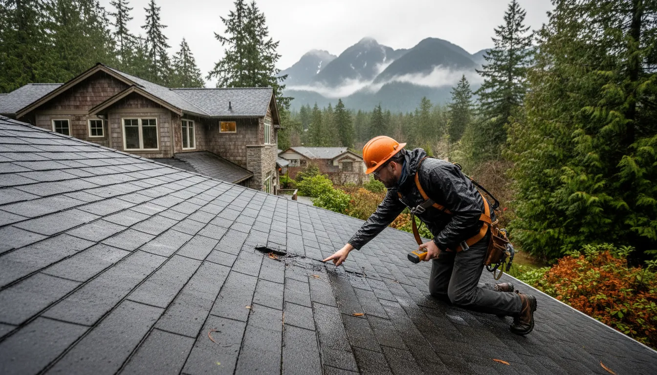 Contractor inspecting a Washington roof