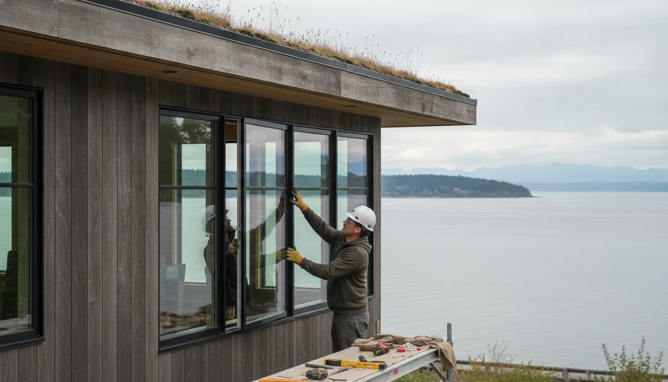 Contractor installing a replacement window on a Washington home