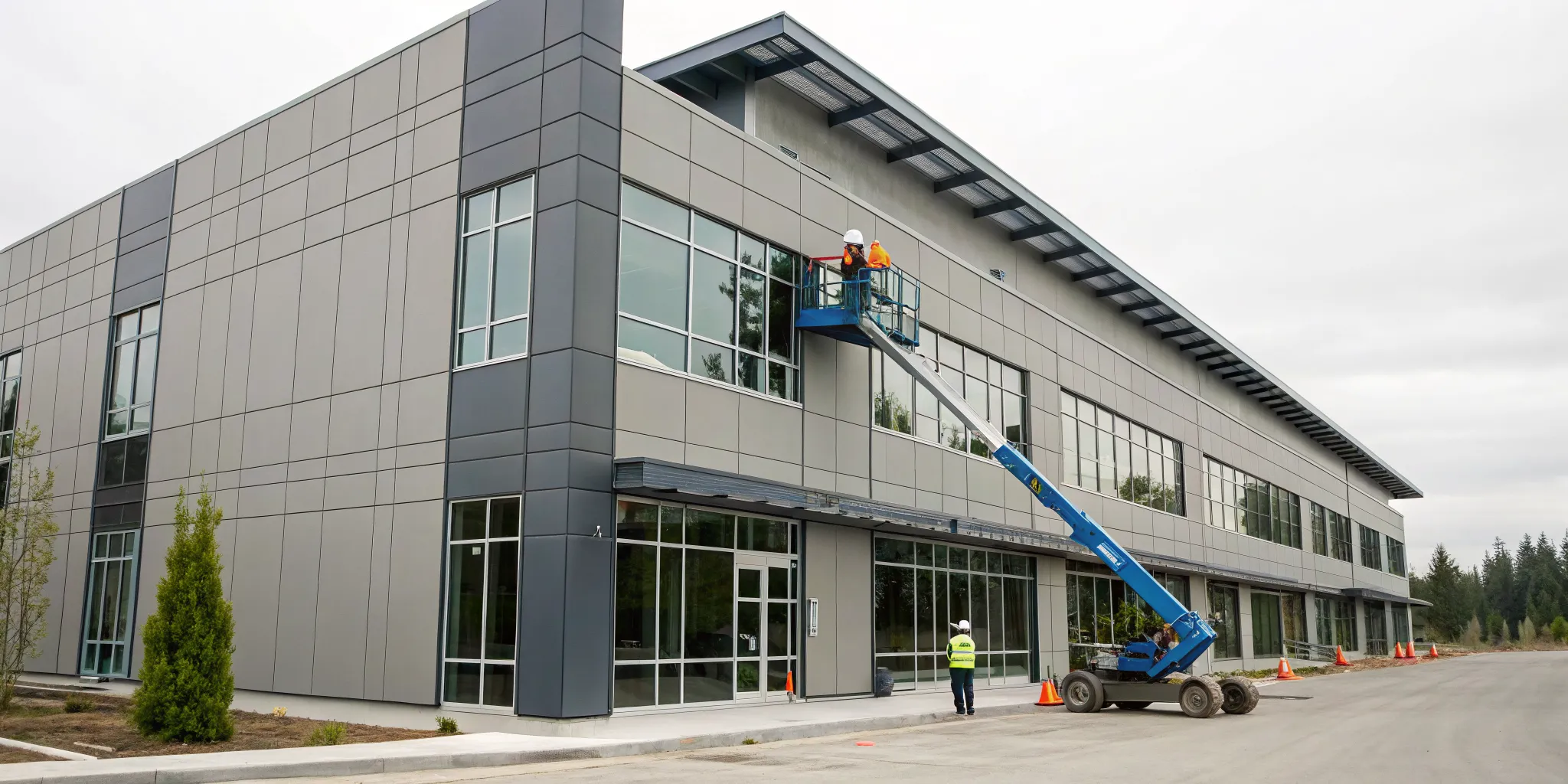 Workers on a lift perform commercial siding repair on a building in Renton.
