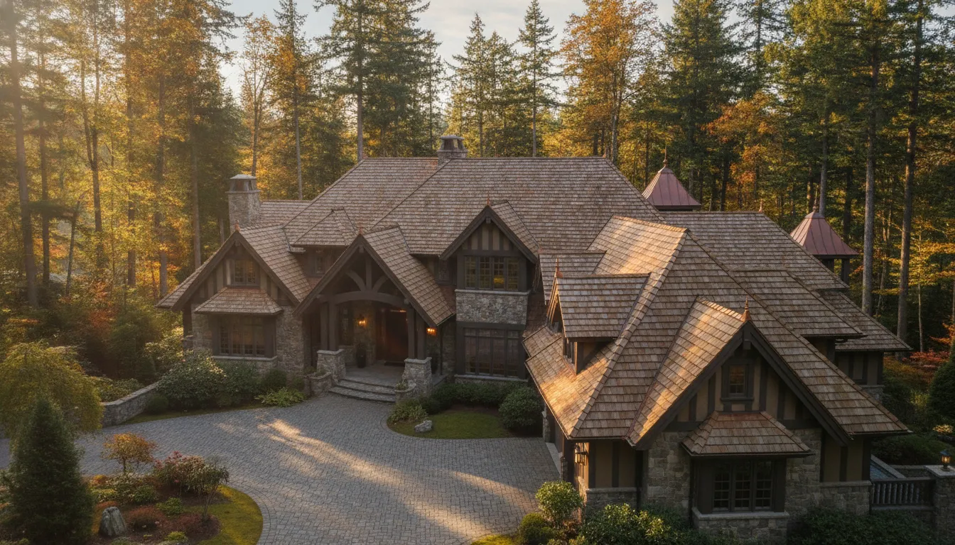 A large stone and wood house with a steep roof sits among tall trees. Sunlight filters through the forest, casting warm light on the home and curved driveway lined with neat landscaping.
