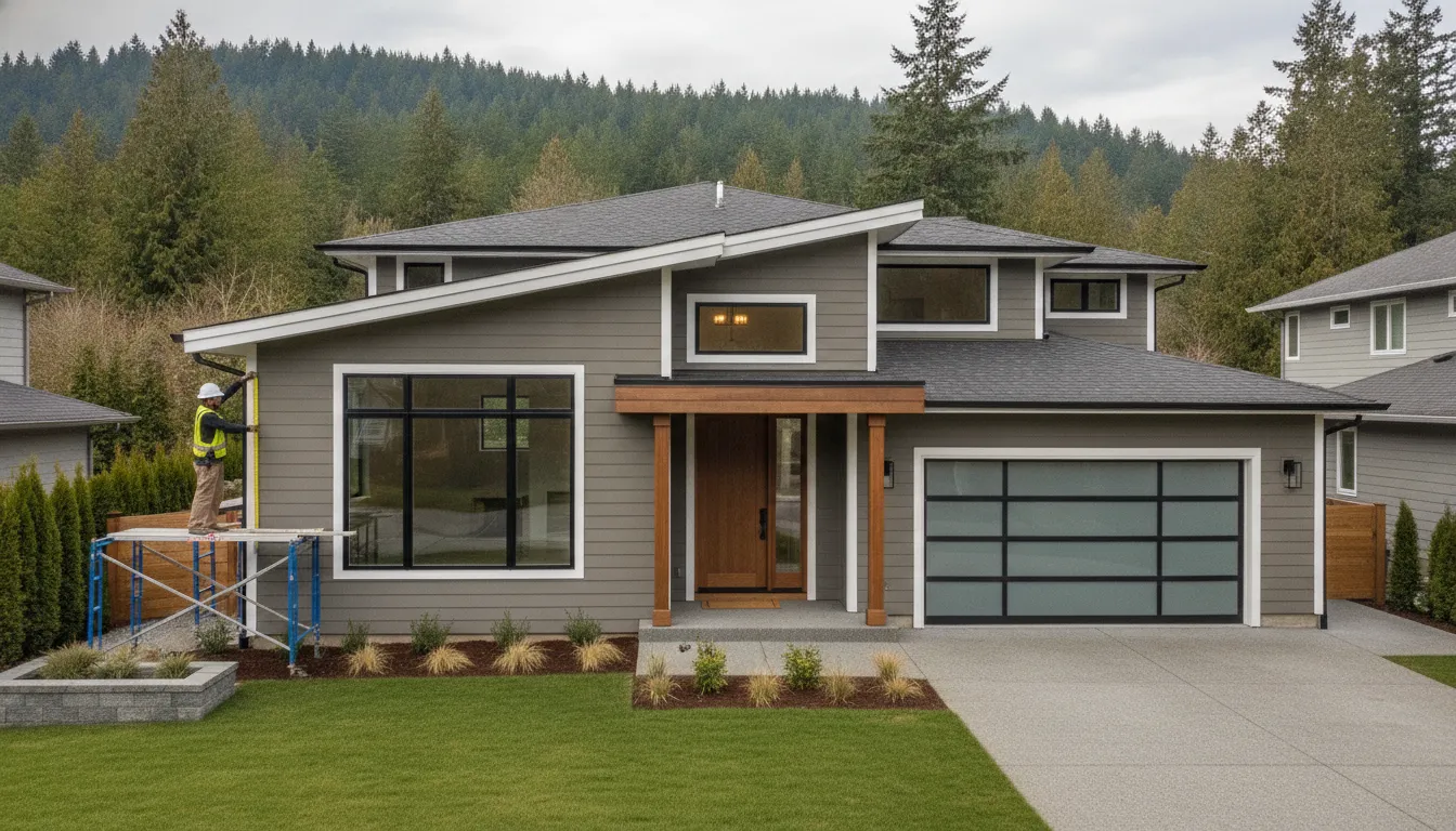Professional siding contractor installing fiber cement siding on a modern Bellevue home with Pacific Northwest evergreen trees in the background