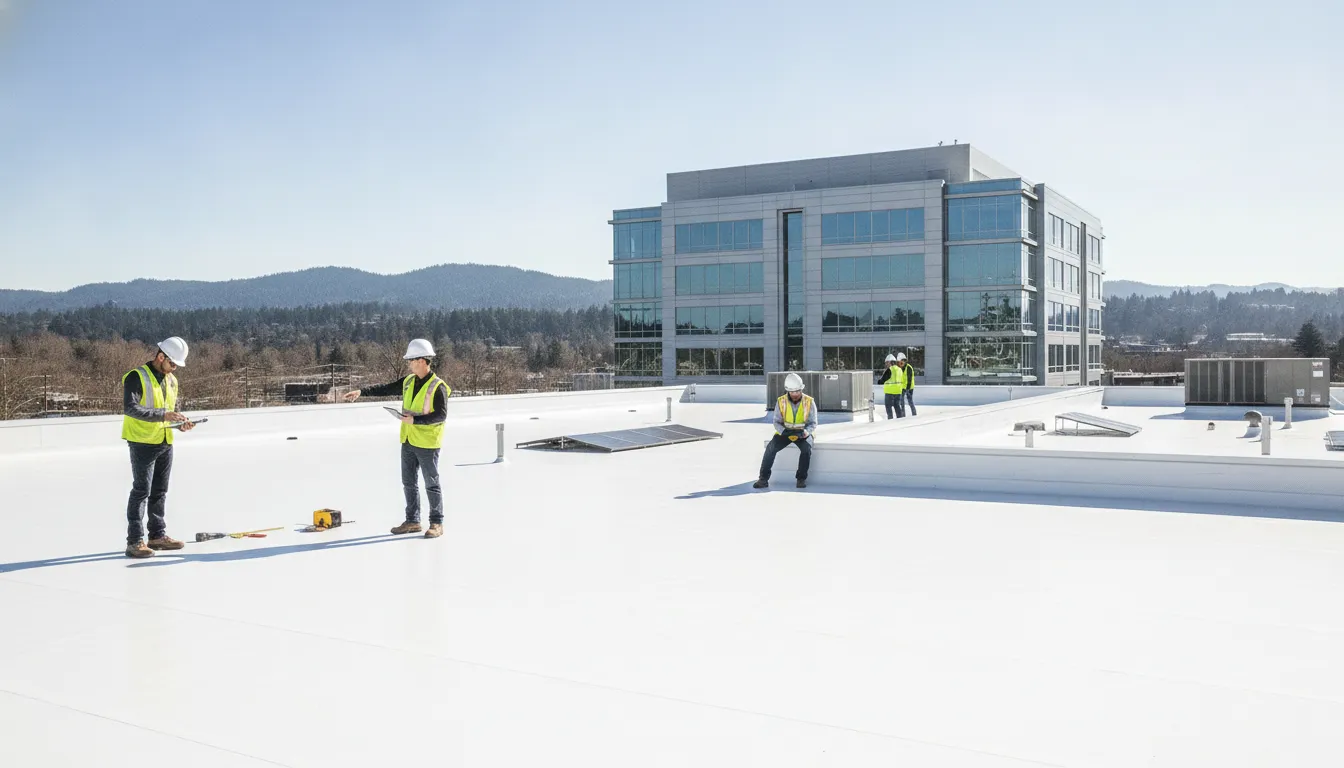 Commercial flat roof with white membrane on a business building in the Pacific Northwest