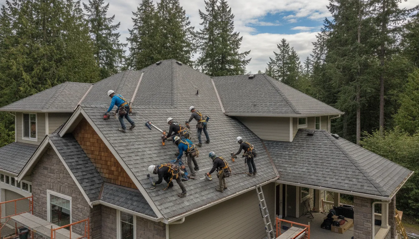 Professional roofing crew installing dark architectural asphalt shingles on a Washington home with green trees in background