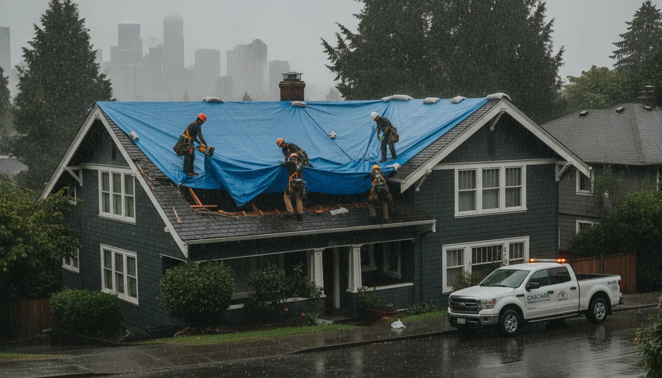 Professional roofing crew installing emergency tarp over damaged section of a Seattle home during rainy weather
