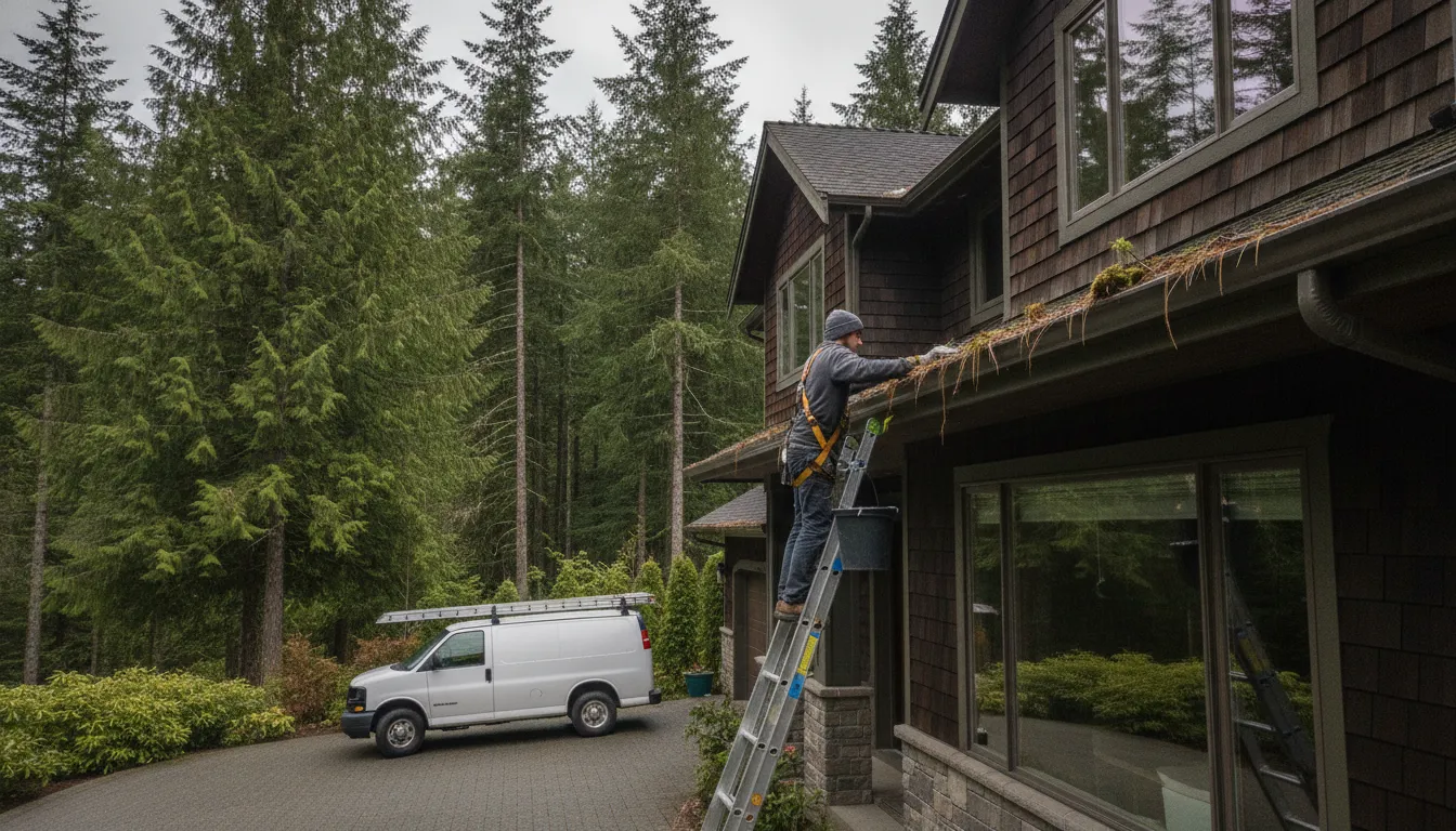 Professional gutter cleaner on a ladder clearing debris from residential gutters on a Washington home