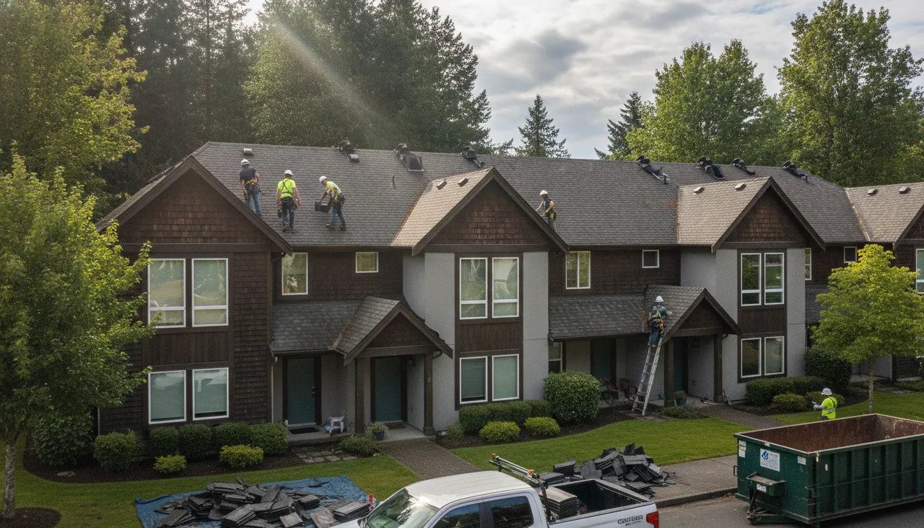 Puget Sound multi-family community townhouses with high-quality composition shingle roofs installed by a professional HOA roofing contractor