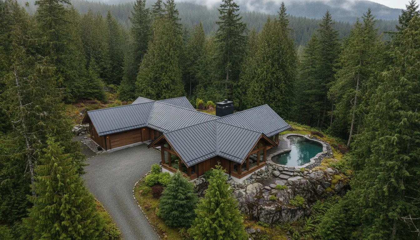 Pacific Northwest home with a standing seam metal roof surrounded by evergreen trees